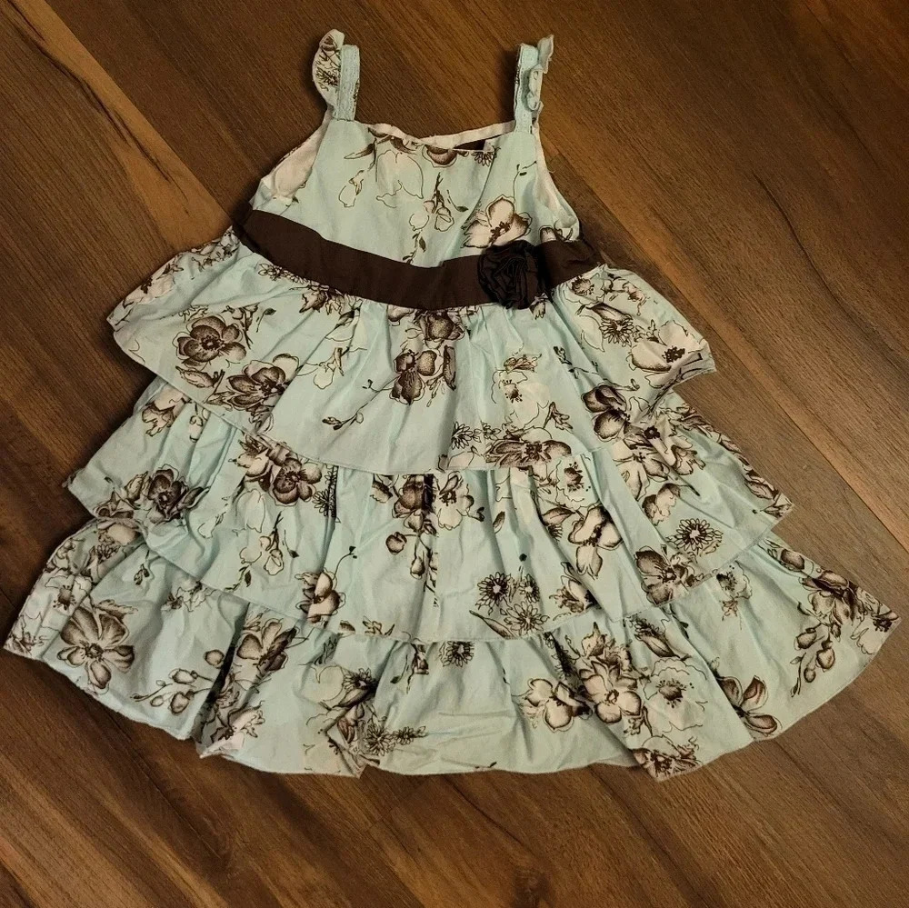 Girls Sleeveless Pale Blue Brown Floral Tiered Dress Size‎ 4T
